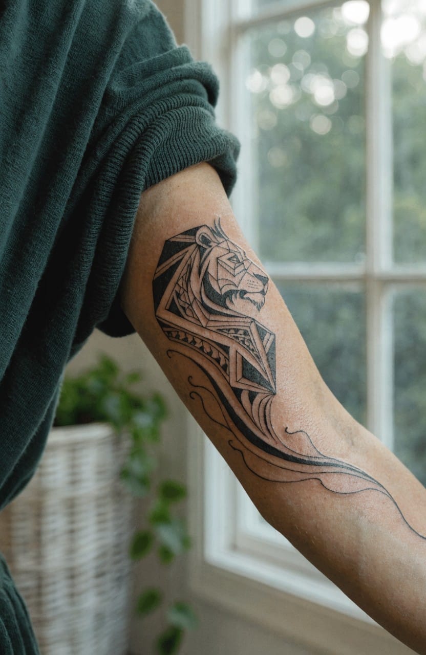 Black geometric lion head tattoo with tribal patterns on a woman's upper arm, green sweater sleeve pulled up, window and plants in background