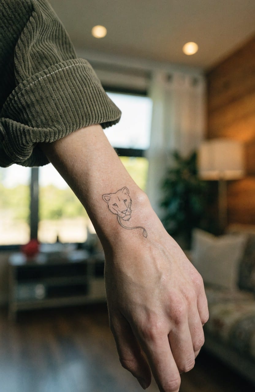 Woman's inner forearm with minimalist black line art tattoo of a panther head and curly tail, set against a cozy room background