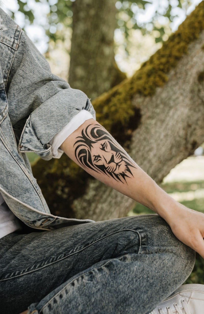Woman's forearm tattoo of a stylized black lion head with detailed mane, arm extended outdoors near a tree trunk