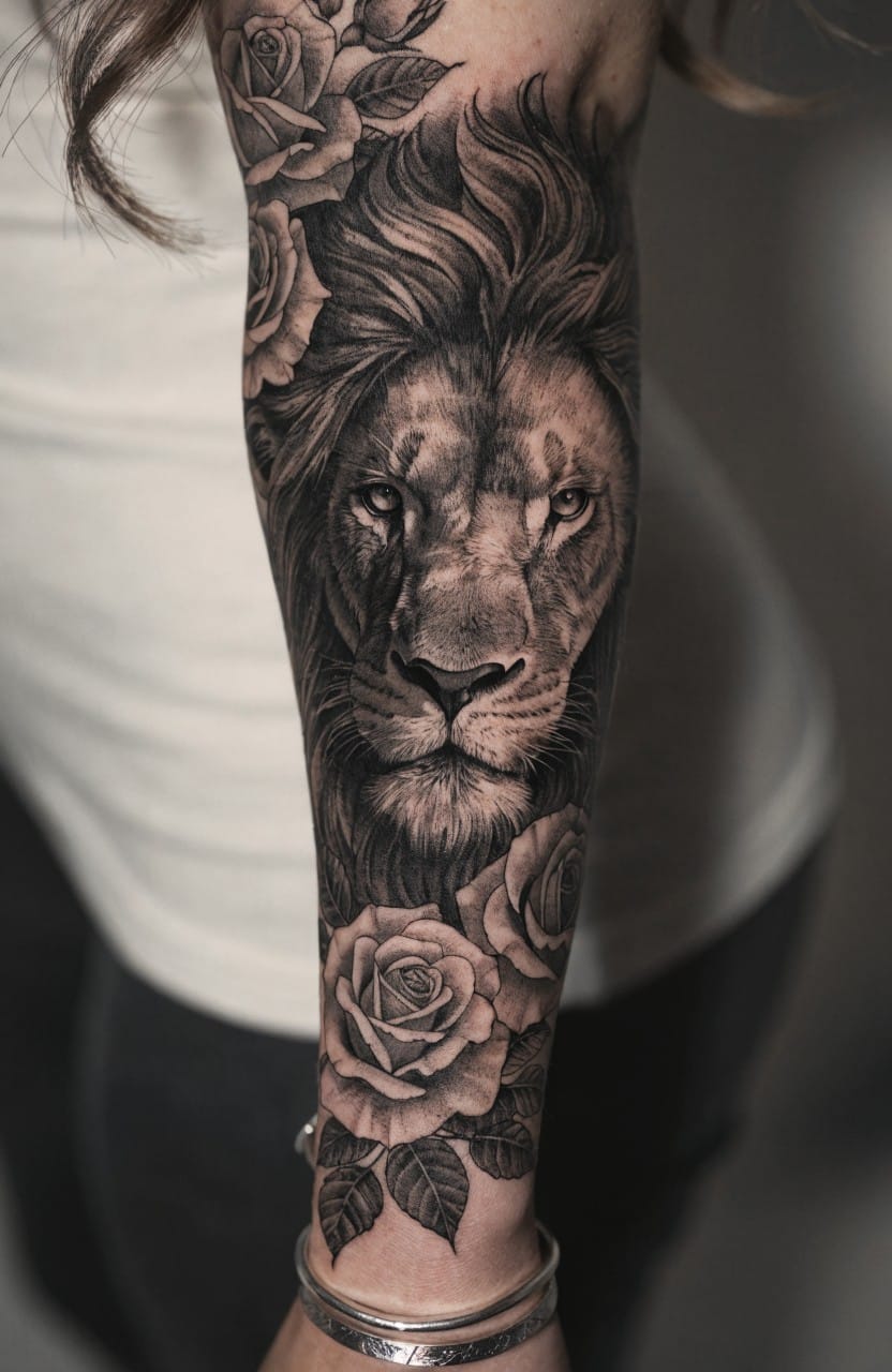 Black and grey realistic lion head tattoo surrounded by detailed roses on a woman's outer upper arm