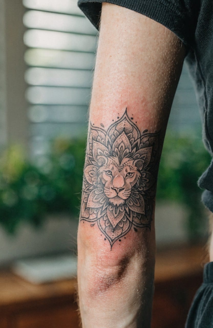 Black ink mandala tattoo with lion face centered on upper arm near elbow, intricate symmetrical patterns