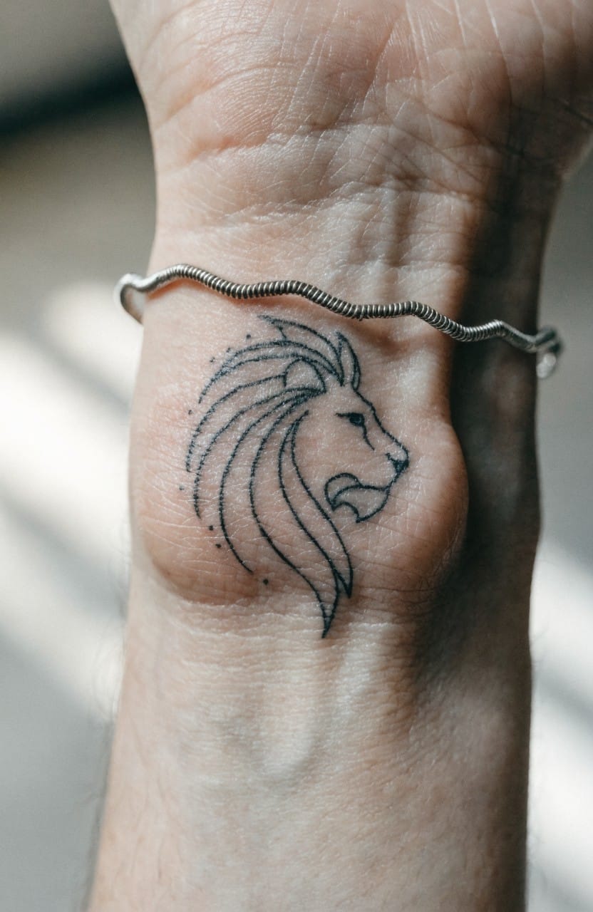 Woman's wrist with small black line art lion head tattoo on the bone and thin silver chain bracelet around it