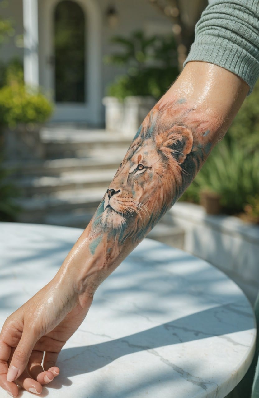 Woman's forearm with colorful realistic lion head tattoo featuring orange mane and blue accents, arm extended over a white table outdoors