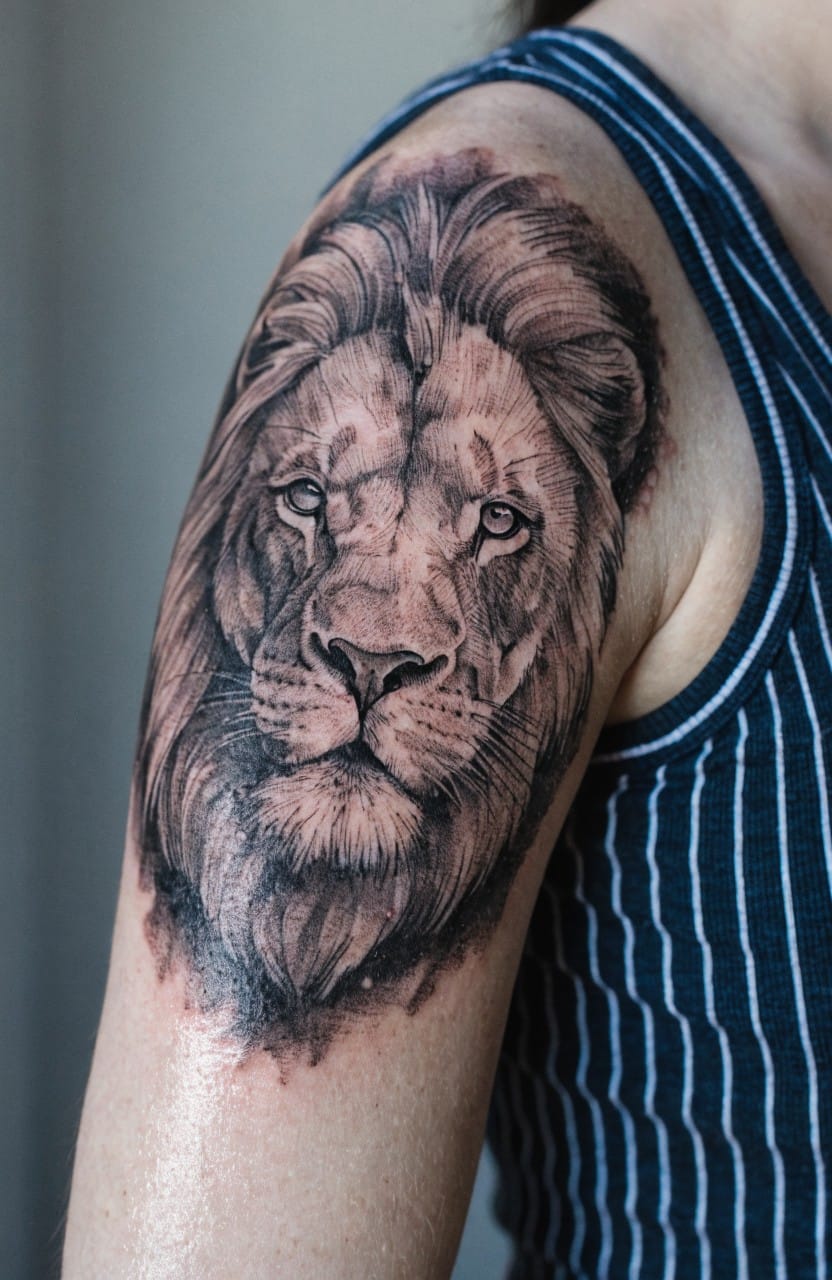 Black and grey realistic lion head tattoo on a woman's upper arm and shoulder with detailed fur shading