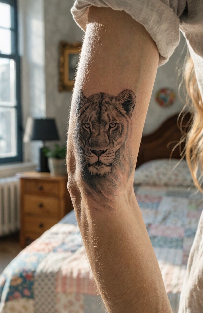 Woman's upper arm tattoo of a realistic black and grey lioness portrait facing forward, in a bedroom setting