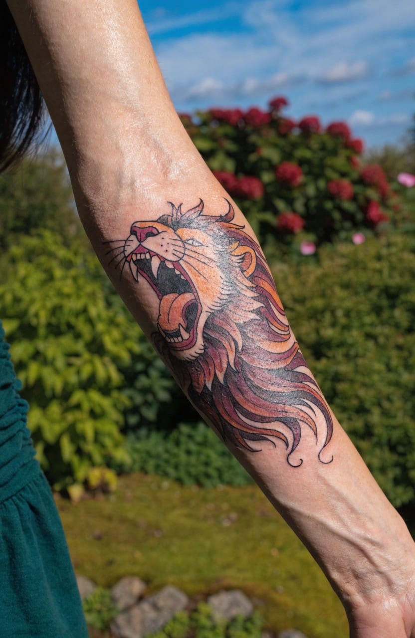 Woman's outer upper arm tattoo of a roaring lion head in vibrant reds and oranges with detailed mane against green garden background