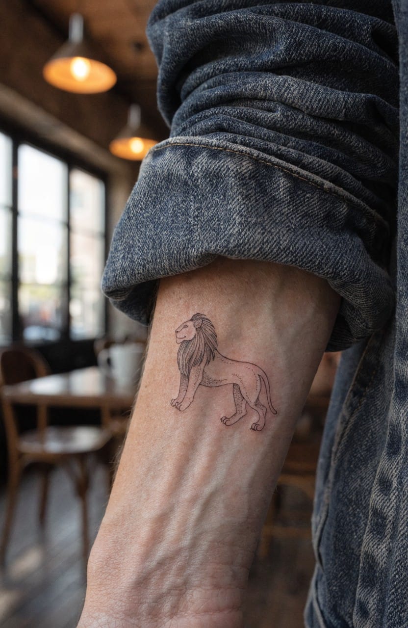 Fine line black ink tattoo of a standing lion on a woman's forearm in a casual indoor setting