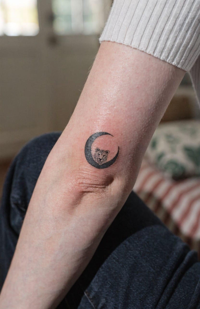 Small minimalist black line tattoo of a lion face inside a crescent moon on a woman's inner arm near the elbow