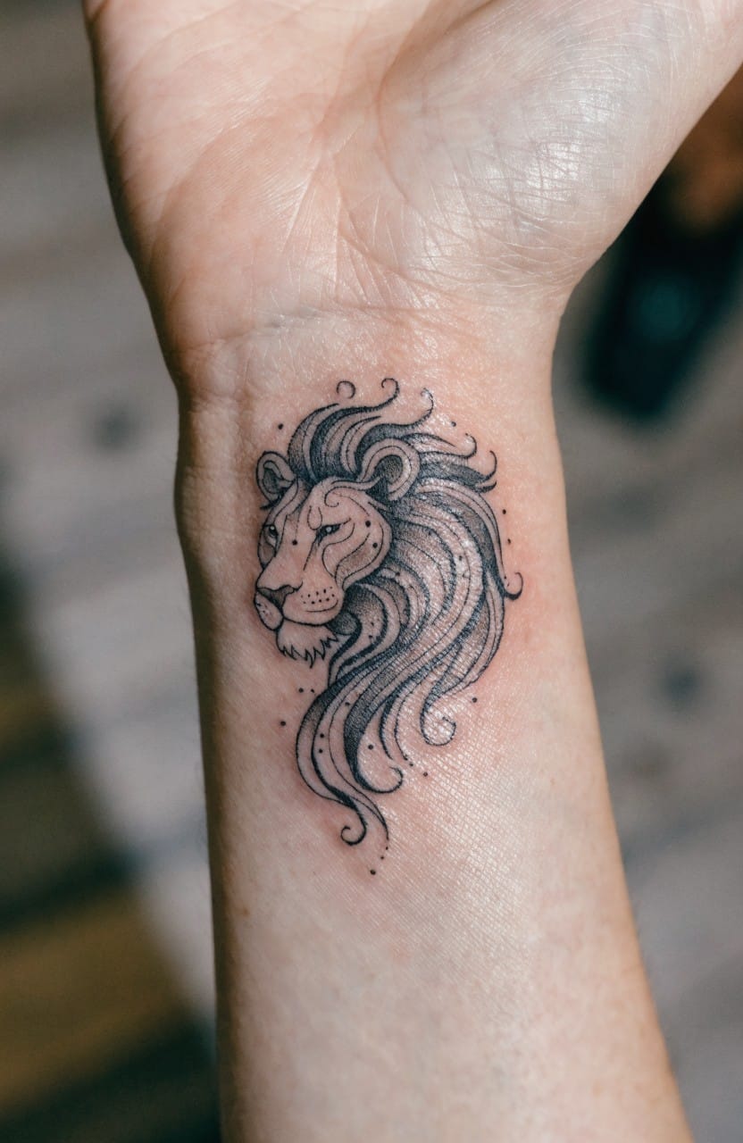 Small fine line lion head tattoo in profile on a woman's wrist with flowing black ink mane details