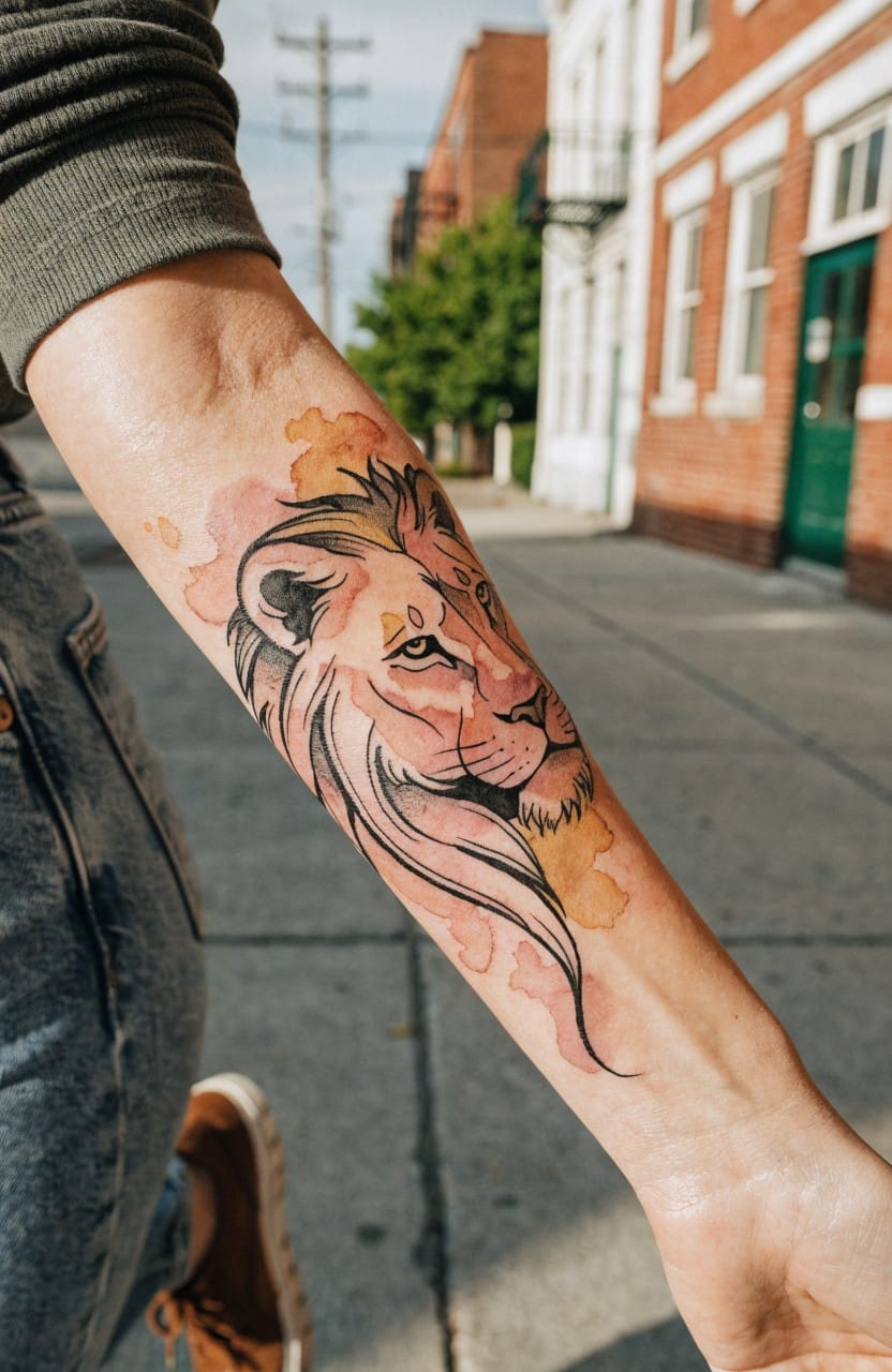 Woman's upper arm tattoo of a watercolor lion head in pink, orange, and yellow tones, captured outdoors on a brick street