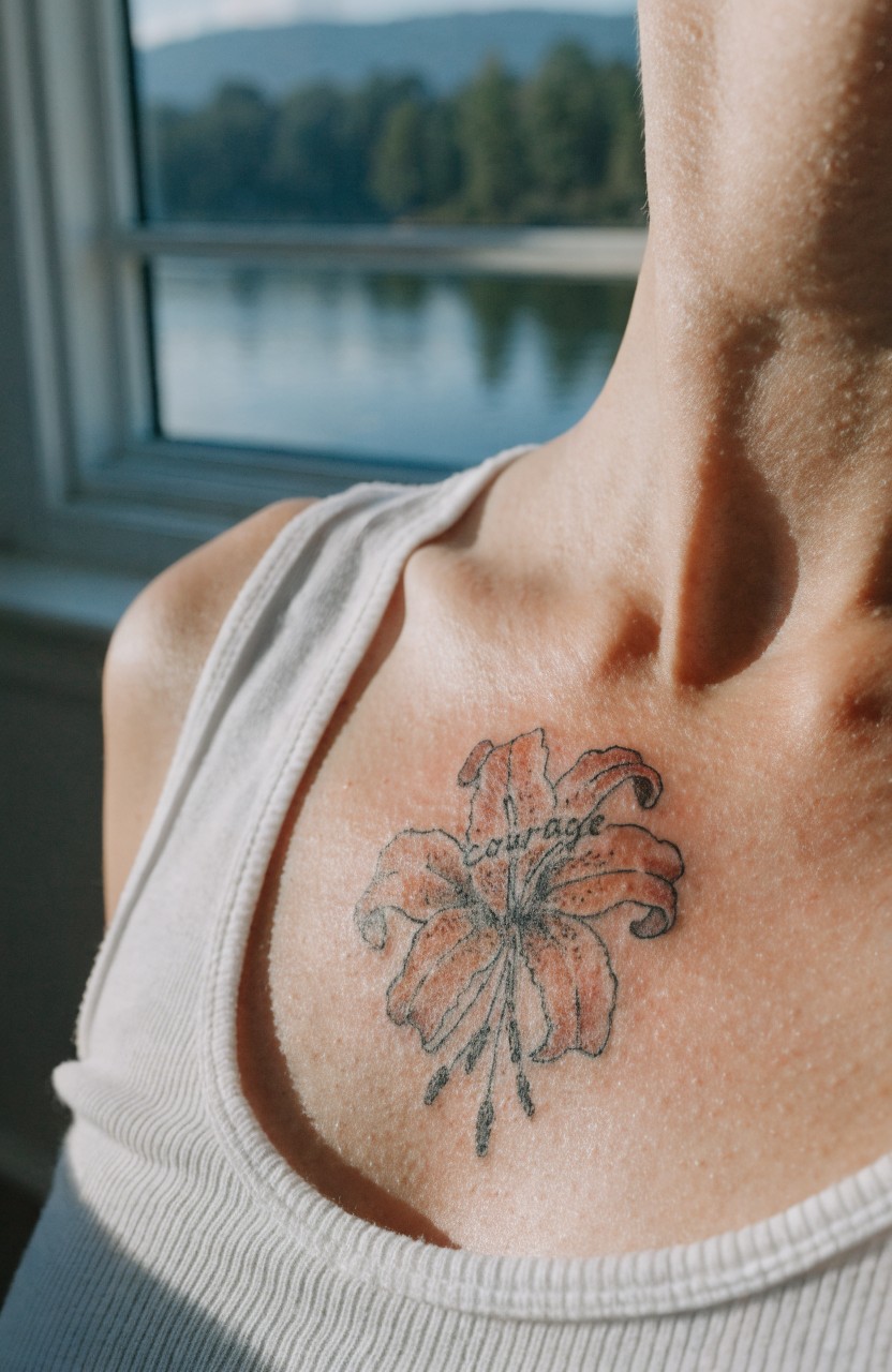 Orange tiger lily tattoo on a woman's upper chest with courage scripted in the petals, side view showing collarbone and tank top strap