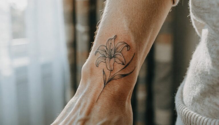 Black ink fine line tiger lily tattoo on inner forearm with stem extending to wrist and light shading on petals