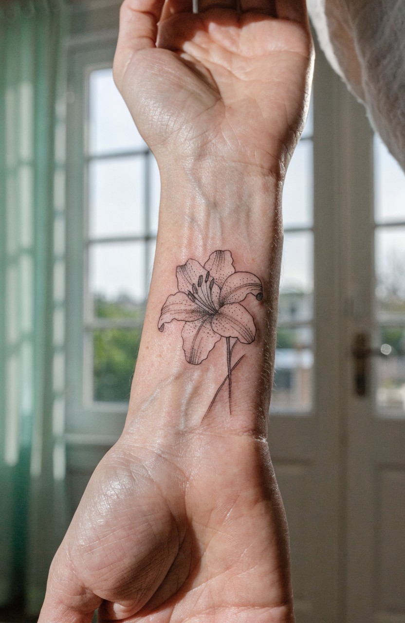 Black ink fine line tiger lily tattoo on inner forearm with stem extending to wrist and light shading on petals