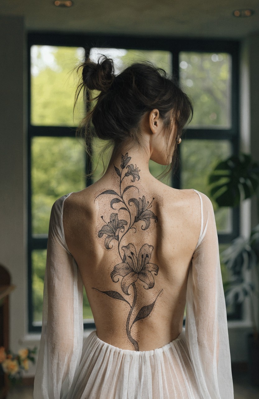 Woman in sheer white dress viewed from behind with large black ink tiger lily vine tattoo spanning her full back from shoulders to lower spine