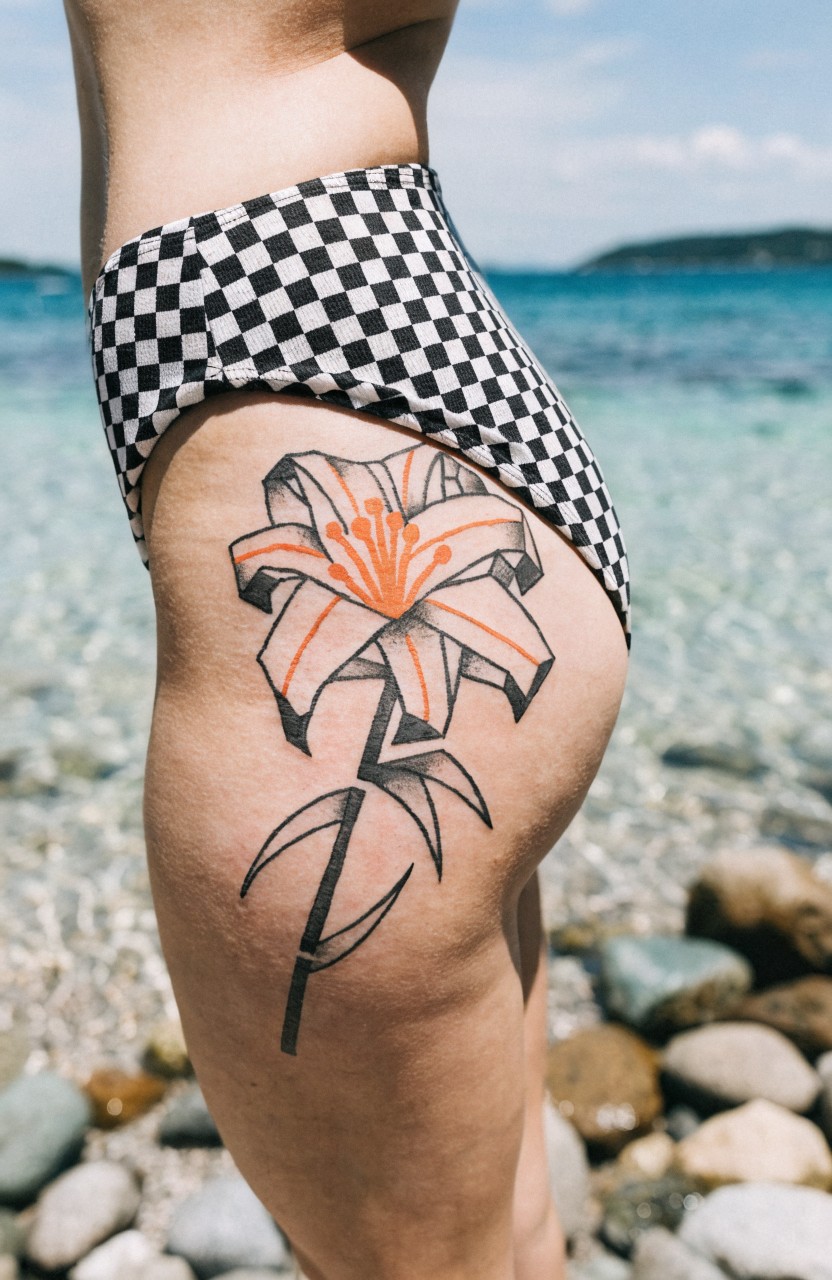 Geometric tiger lily tattoo in black lines and orange accents on a woman's hip and upper thigh, shown above checkered bikini bottoms on pebbly beach