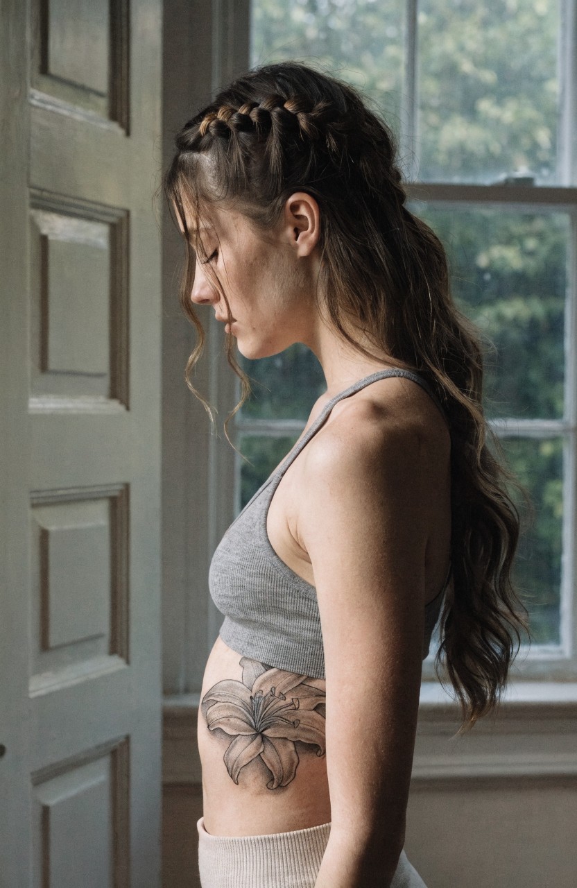 Closeup of a large realistic black and grey tiger lily tattoo on a woman's side torso, petals curving from ribs to hip, shown on model in cropped gray top
