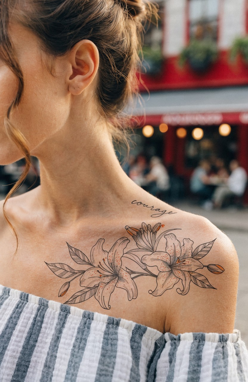 Black linework tiger lilies with stems, leaves, and courage script on a woman's shoulder and collarbone area