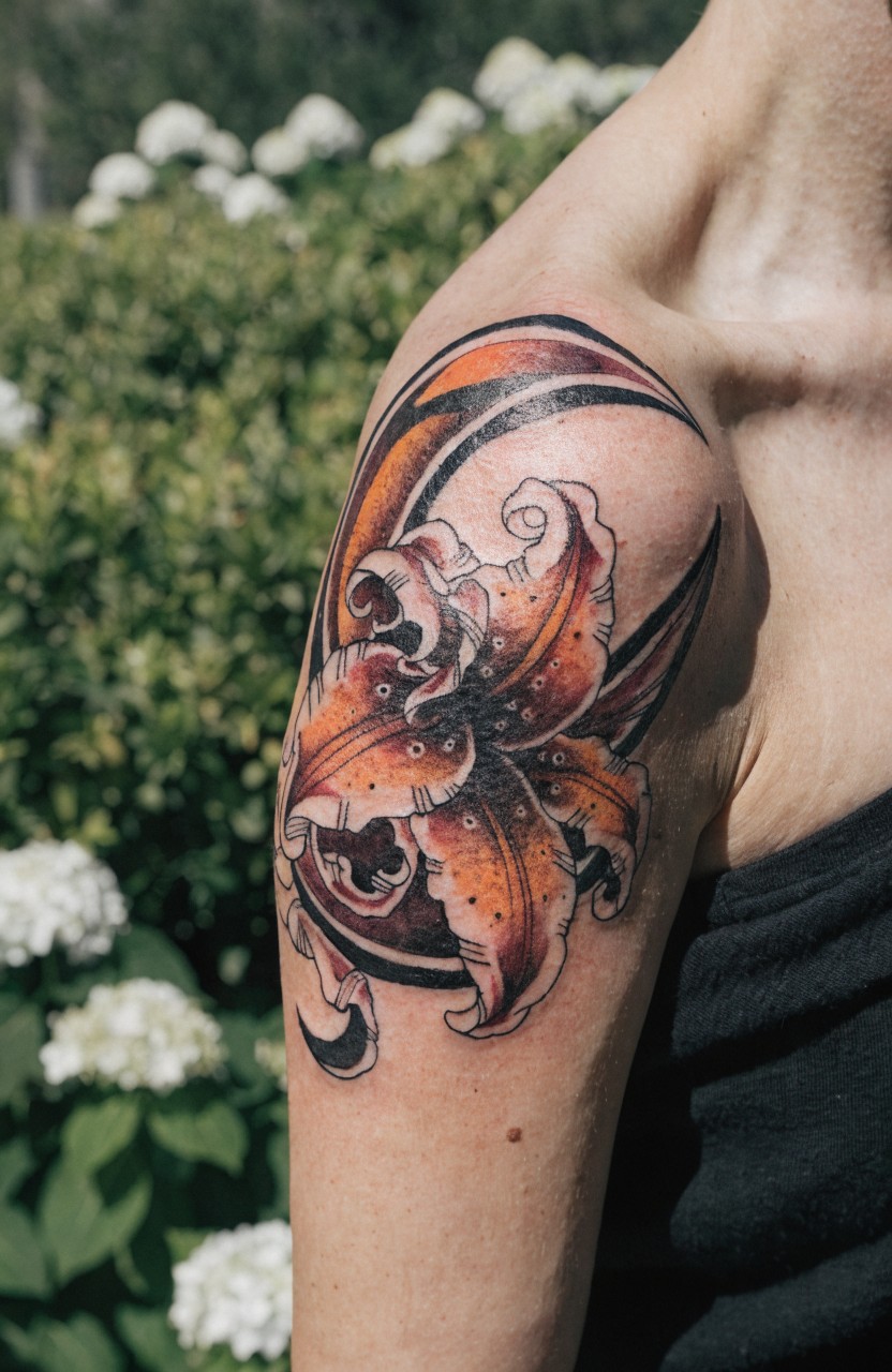 Orange tiger lily tattoo integrated with a black and orange crescent moon on a woman's upper arm and shoulder in neo-traditional style