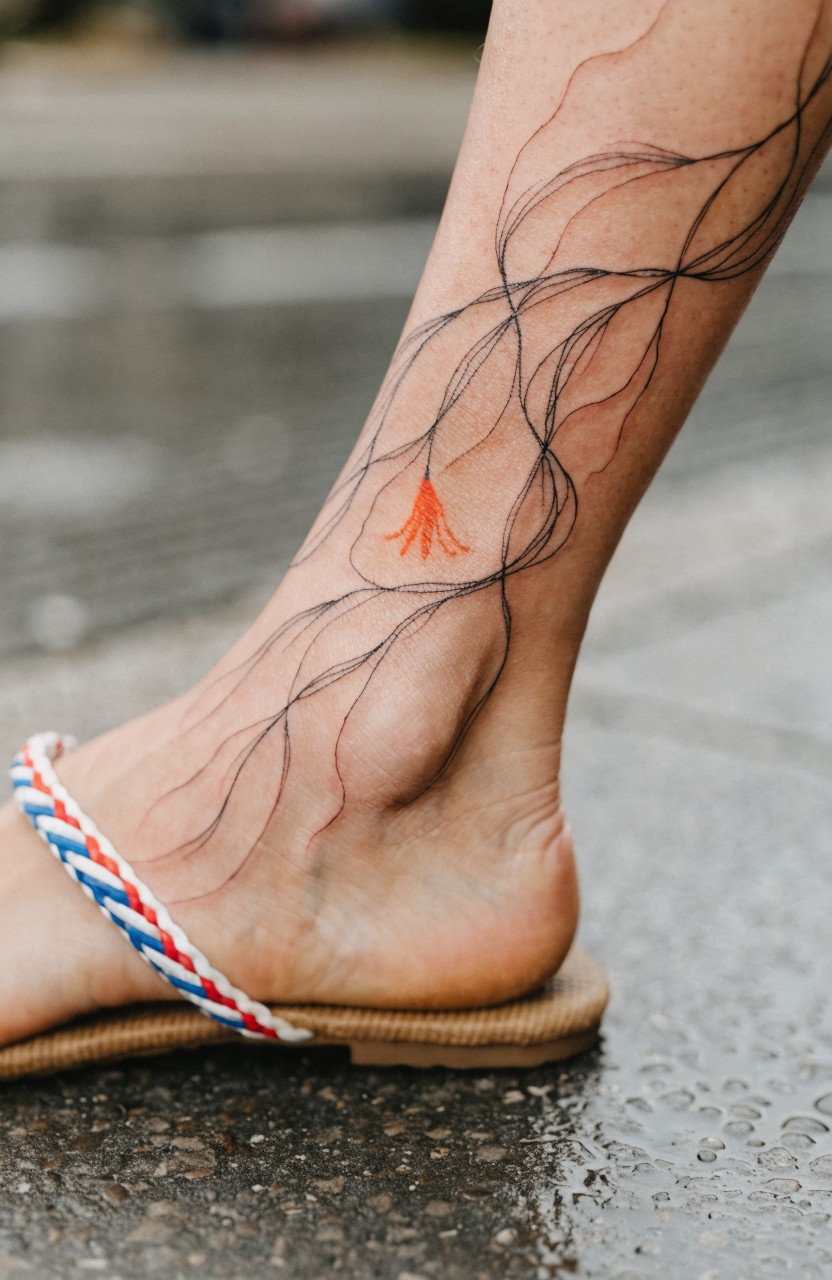 Thin black linework vines wrapping a woman's lower leg and ankle with a small orange tiger lily flower near the joint, flip flop sandal visible