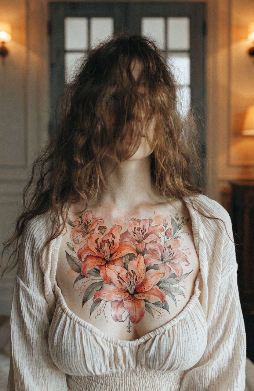 Watercolor tiger lily bouquet tattoo on a woman's upper chest with vibrant orange blooms and soft blended edges