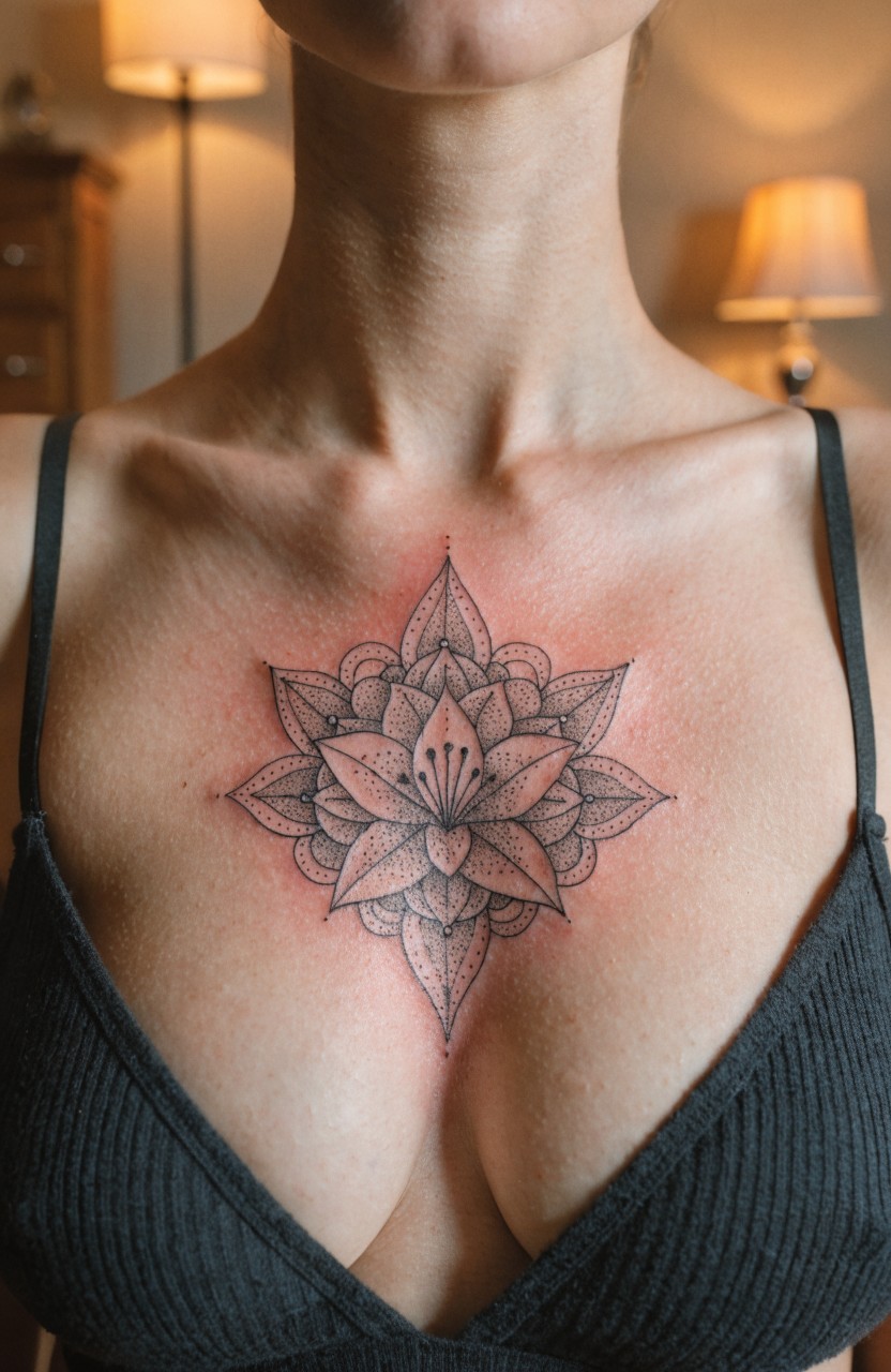 Black linework mandala tiger lily tattoo centered on a woman's chest above black tank top straps