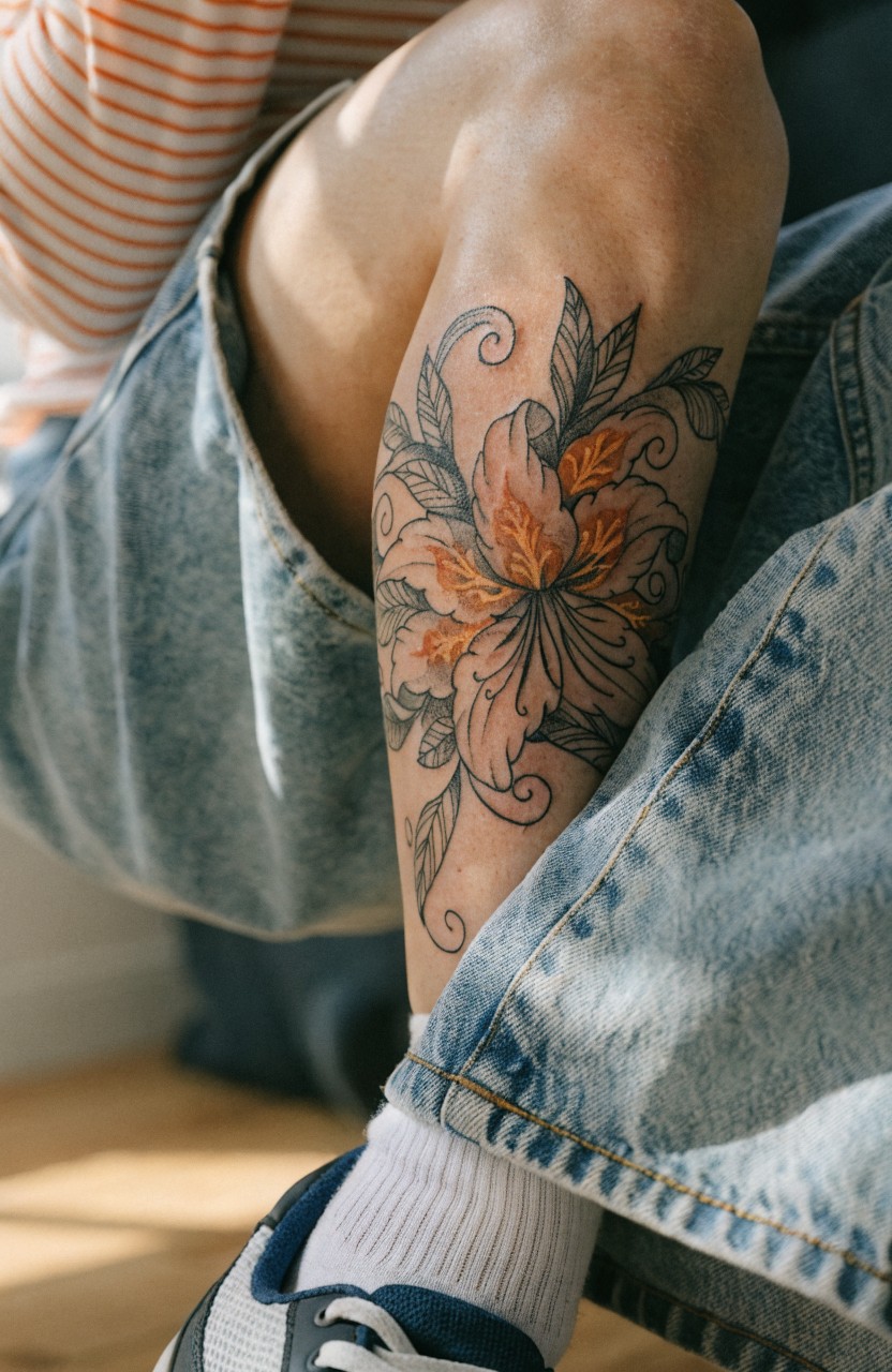 Large tiger lily tattoo on lower leg with orange petals black outlines and curling leaves on tanned skin