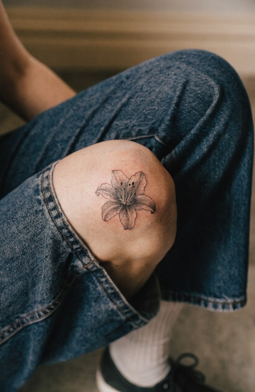 Fine line black ink tiger lily tattoo on a woman's knee with light shading on petals