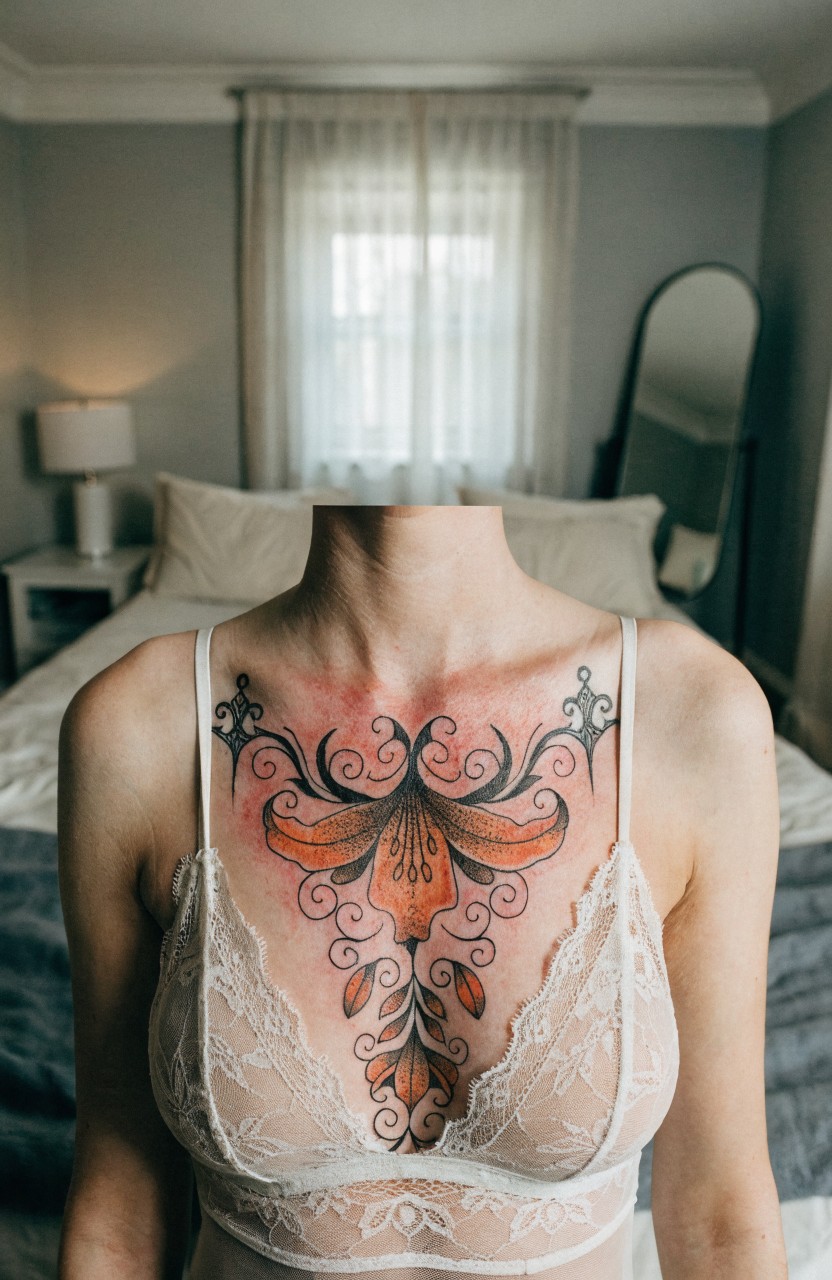 Symmetrical tiger lily tattoo with orange petals and black filigree across upper chest under sheer white lace bra, in bedroom with mirror reflection