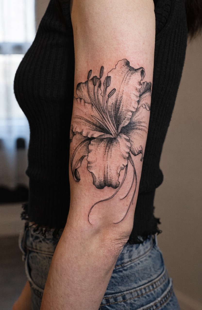 Black and grey tiger lily tattoo on woman's upper outer arm with detailed petals curving along the muscle