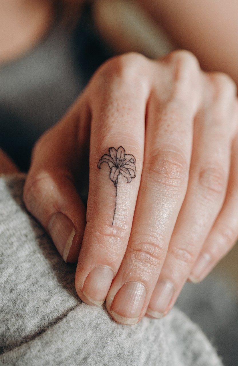 Woman's hand with a tiny black line art tiger lily tattoo on the side of her finger, stem curving slightly upward