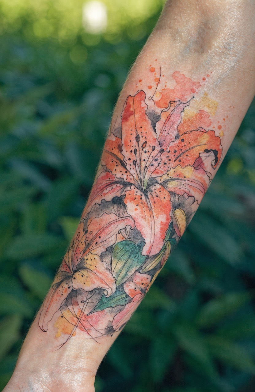 Watercolor tiger lily tattoo on a woman's outer forearm with orange and yellow blooms, green leaves, and soft color splashes against skin in outdoor light