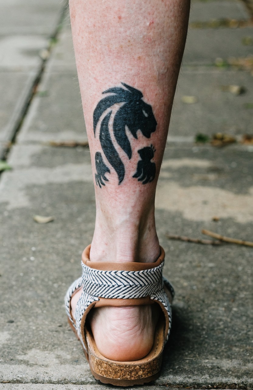 Black silhouette tattoo of lioness protecting two cubs on woman's lower leg above sandals
