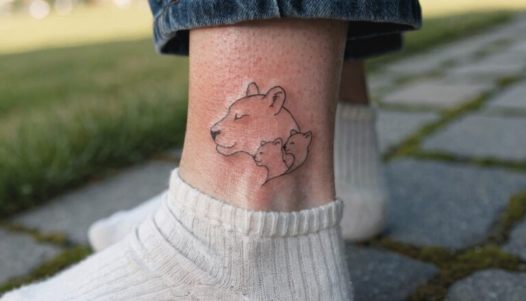 24 Heartfelt Mama Lion and Cubs Tattoo Ideas That Celebrate Motherhood Fine line tattoo of lioness head nuzzling three cubs on ankle above green knit socks