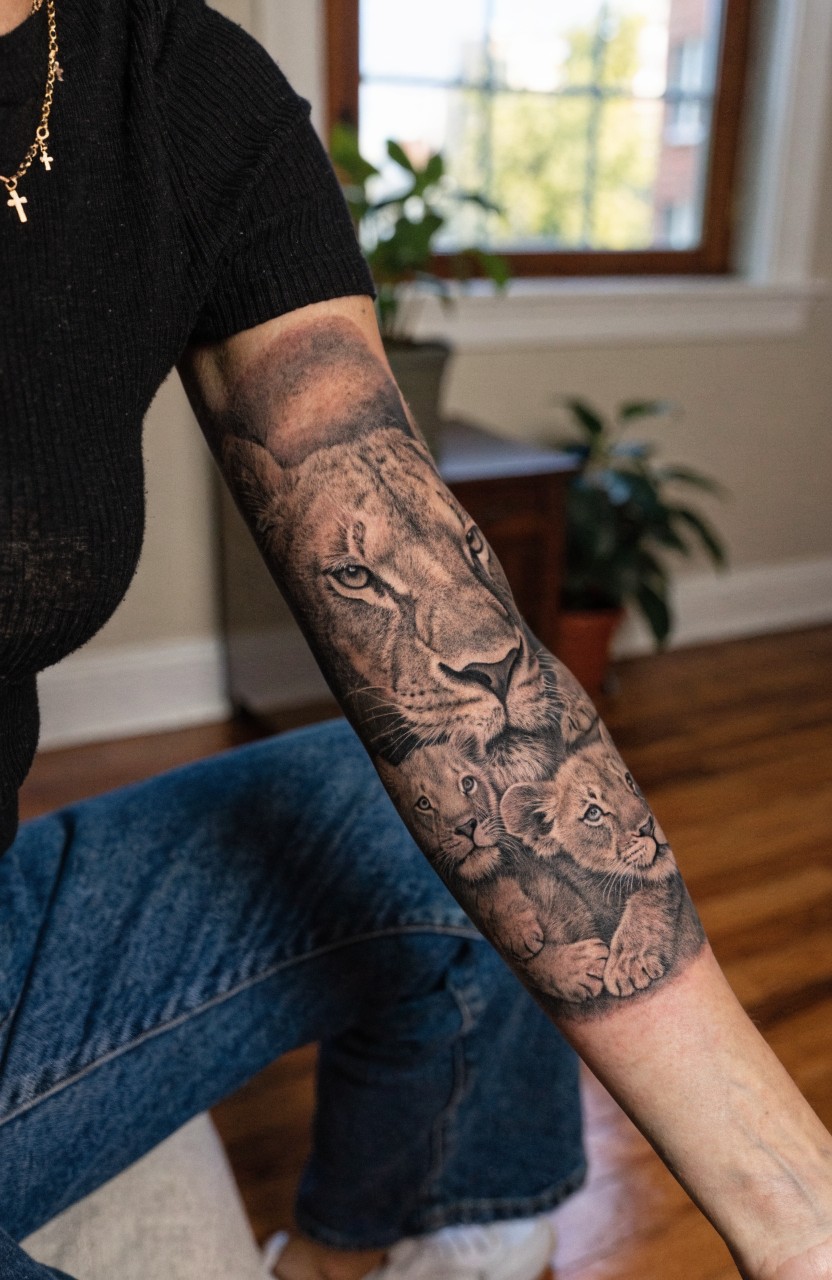 Woman's forearm tattooed with realistic black and gray lioness and two nuzzling cubs from elbow to wrist