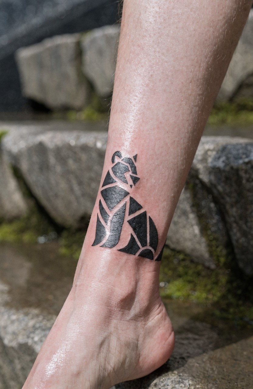 Black geometric lion tattoo sitting on outer lower leg above ankle