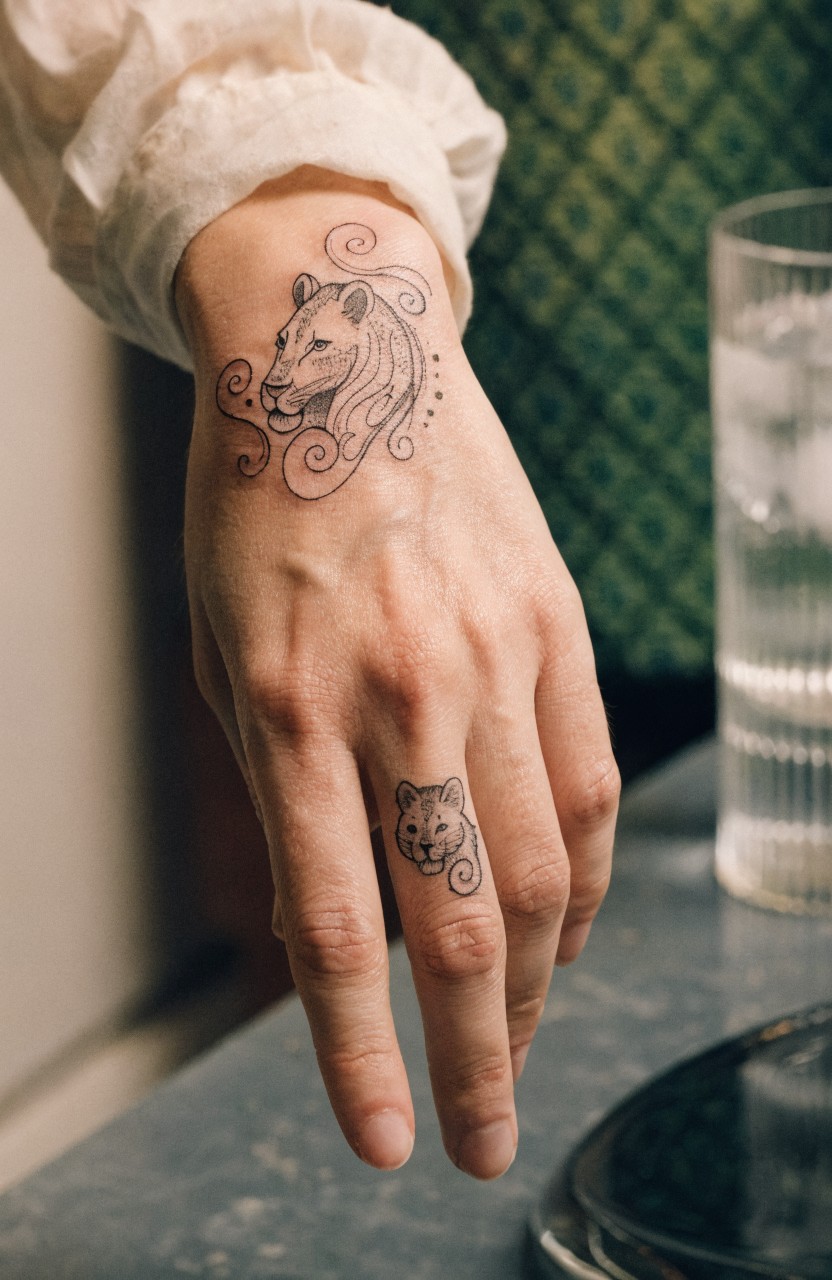 Fine line black ink tattoo of swirling lion head on wrist and smaller lion cub head on ring finger against green background