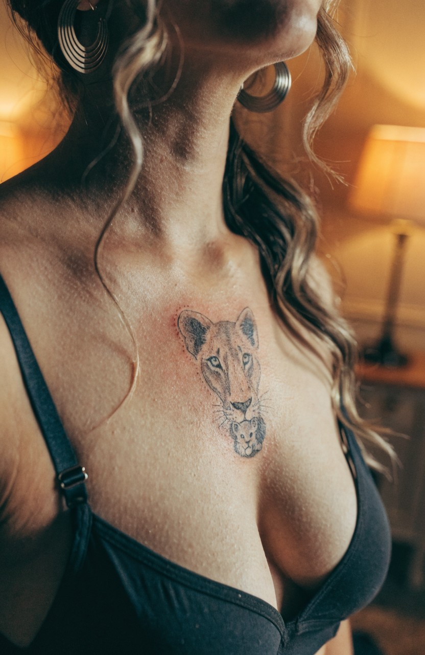 Realistic black and gray lioness tattoo with cub nestled under chin on woman's upper chest above black bra