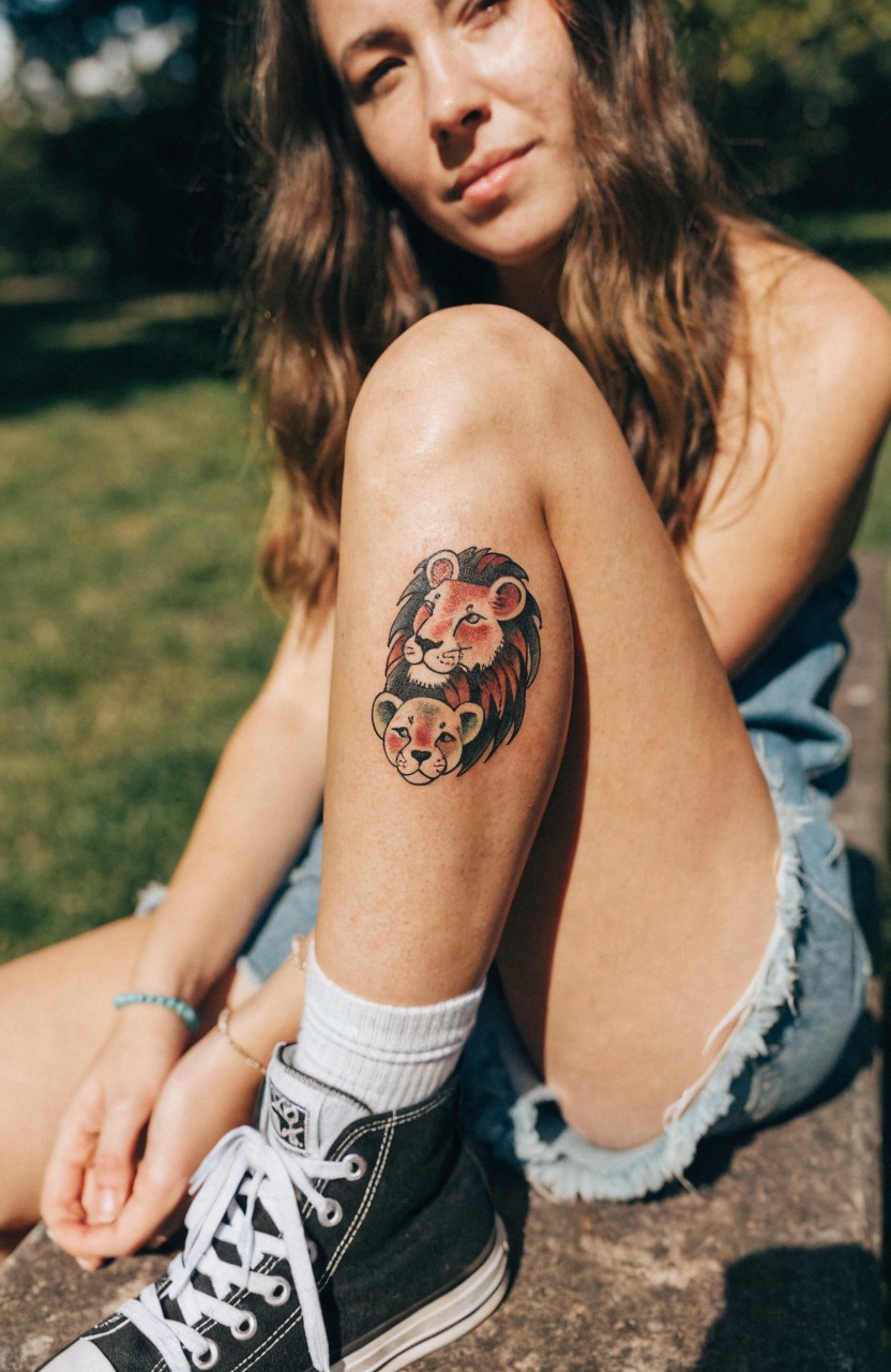 Colorful realistic tattoo of a mama lion nuzzling her cub on a woman's outer thigh above the knee
