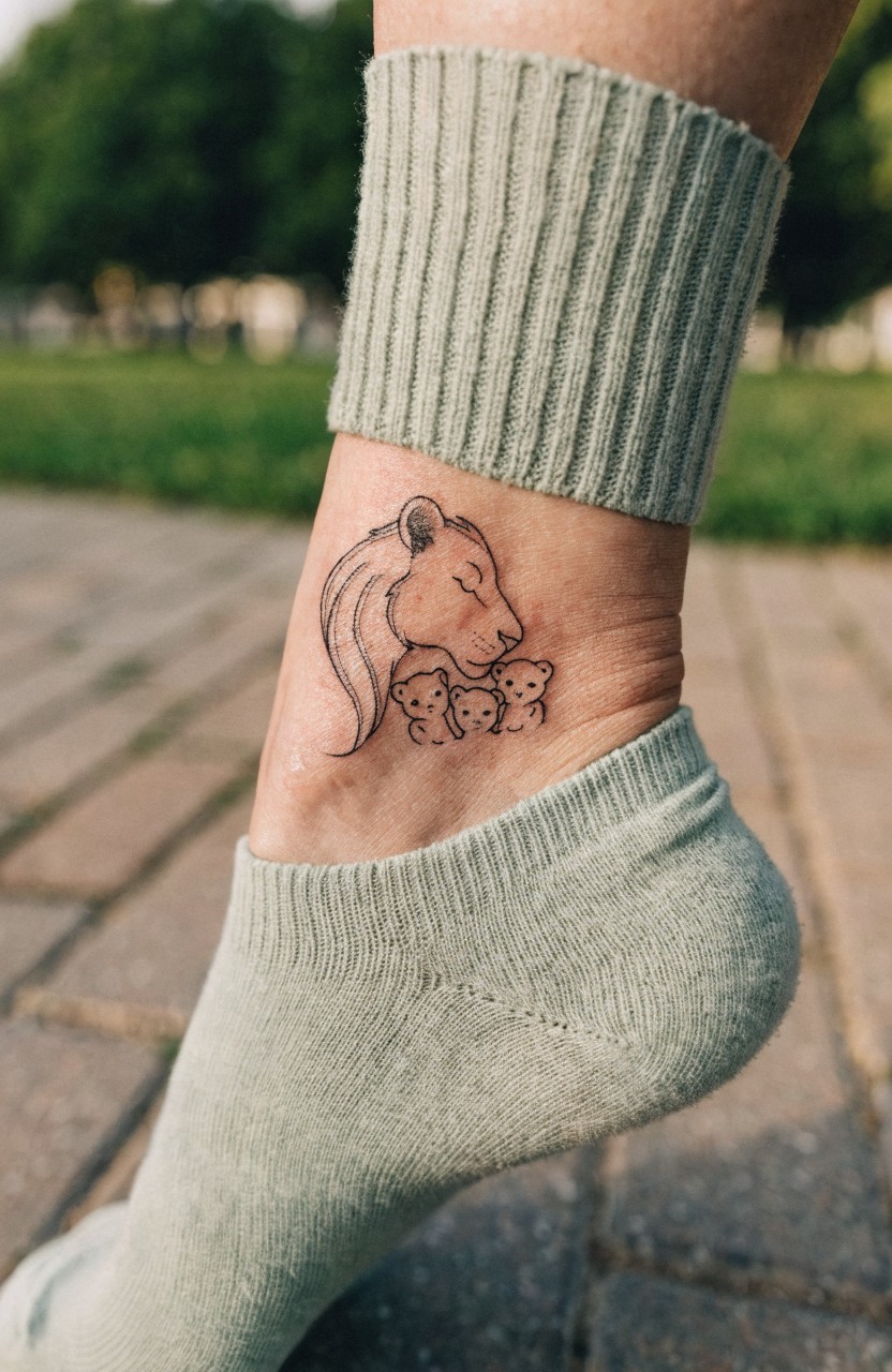 Fine line tattoo of lioness head nuzzling three cubs on ankle above green knit socks