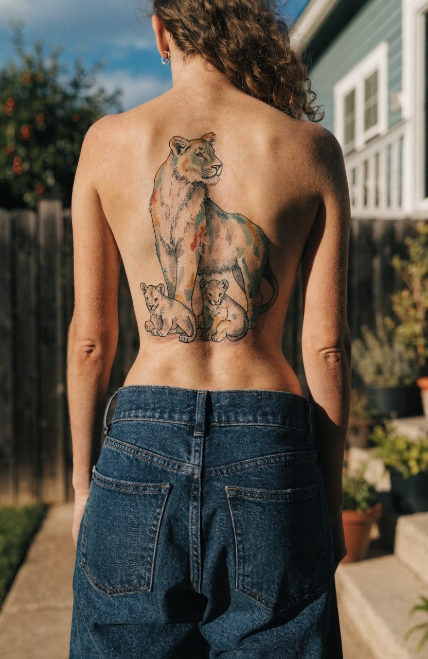 Woman facing away from camera with large upper back tattoo of lioness standing protectively over two cubs, realistic style in warm tan and orange tones, low-rise jeans and backyard setting