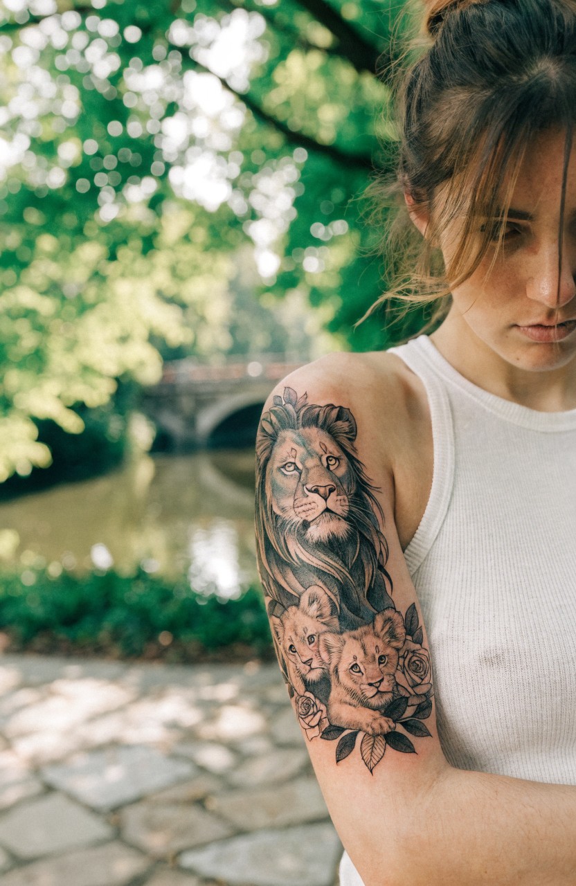 Woman's upper outer arm tattoo of realistic black and gray mama lion with two cubs and roses, shown outdoors near a bridge and trees