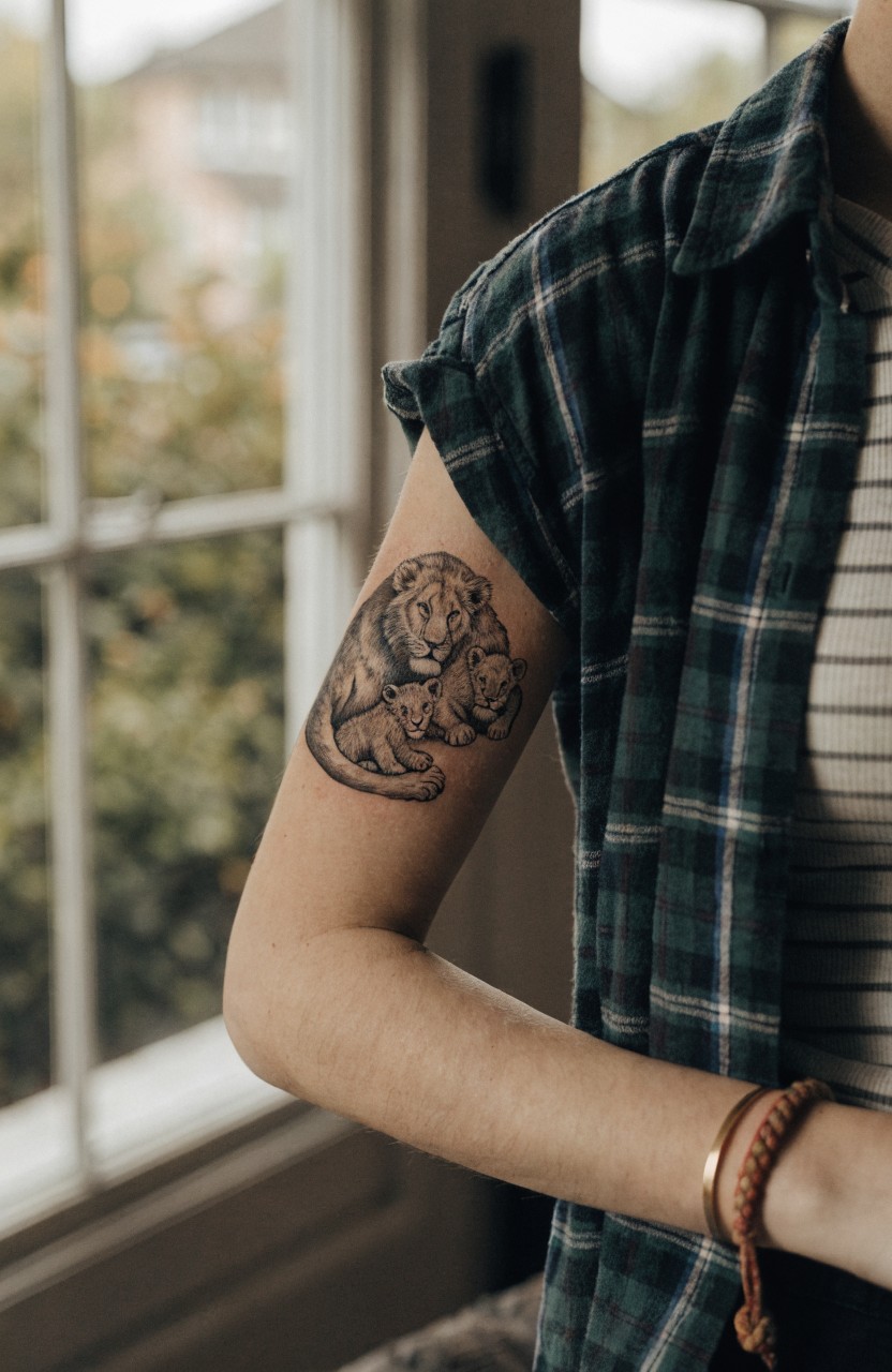 Black and gray realistic tattoo of mama lion nuzzling two cubs on woman's upper arm, viewed from side with plaid shirt sleeve pushed up