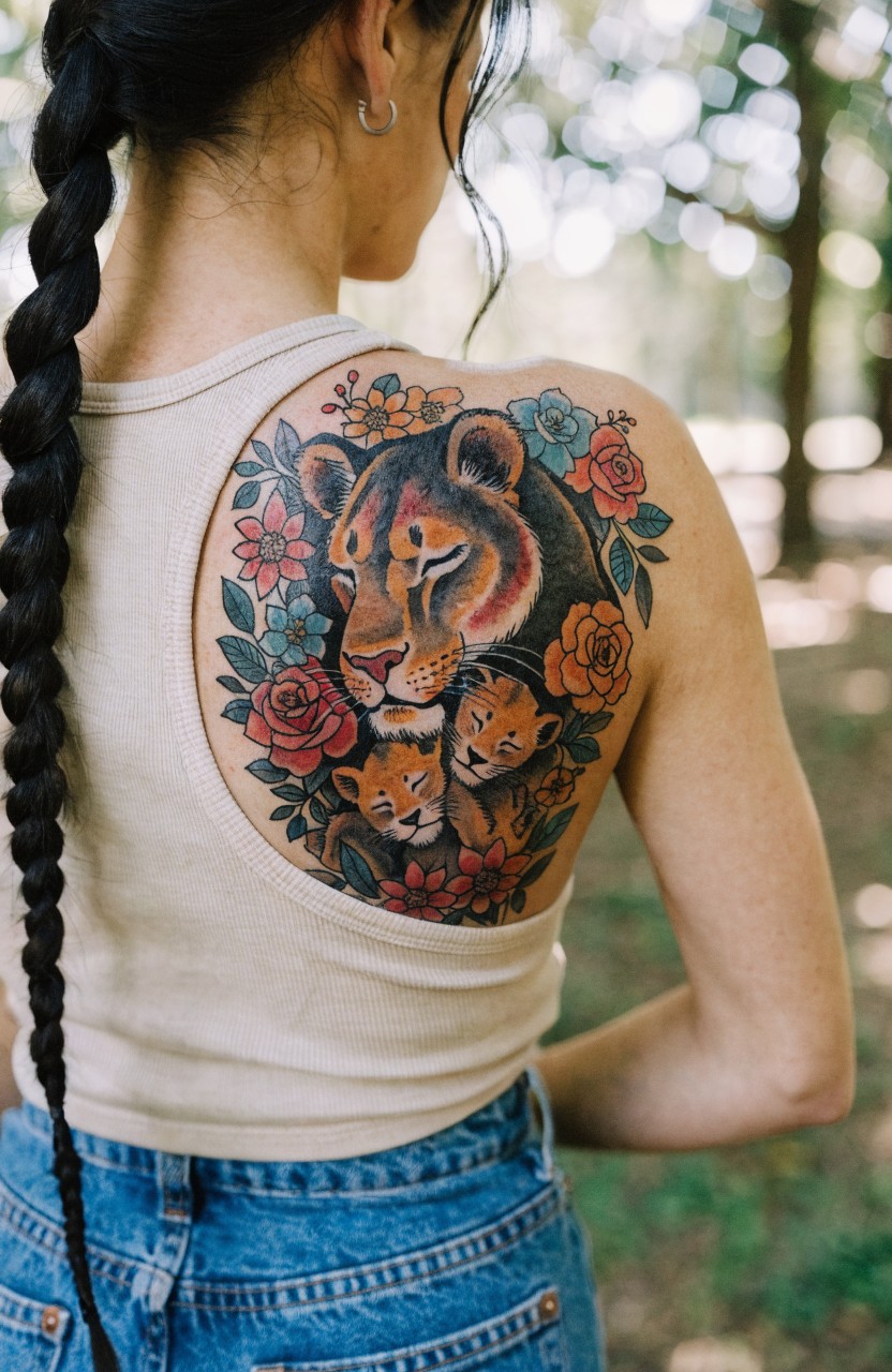 Woman viewed from behind in a tank top and jeans displaying a large colorful tattoo of a mama lion with three cubs surrounded by roses on her upper back