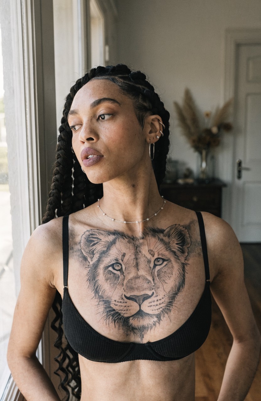 Black and gray realistic mama lion head tattoo covering a woman's upper chest with detailed shading and intense eyes