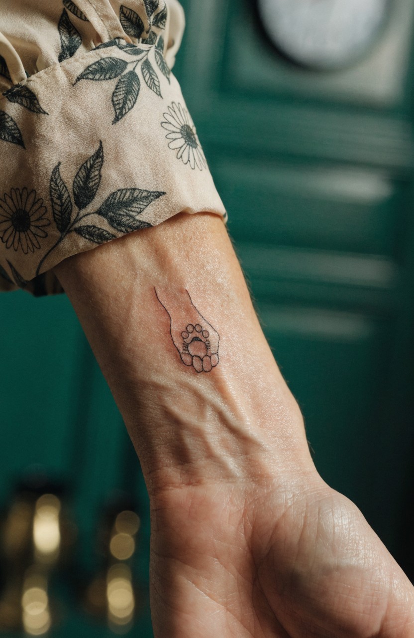 Delicate black line tattoo on inner wrist depicting a human hand holding a small paw print with daisy flower center