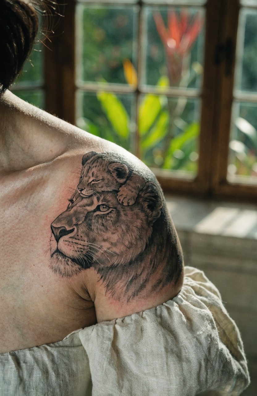 Black and grey realistic tattoo of a lioness with a cub perched on her head on a woman's shoulder