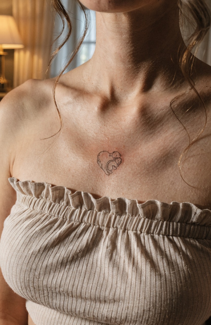 Minimalist black line tattoo of mama lion holding cub in heart shape on upper chest