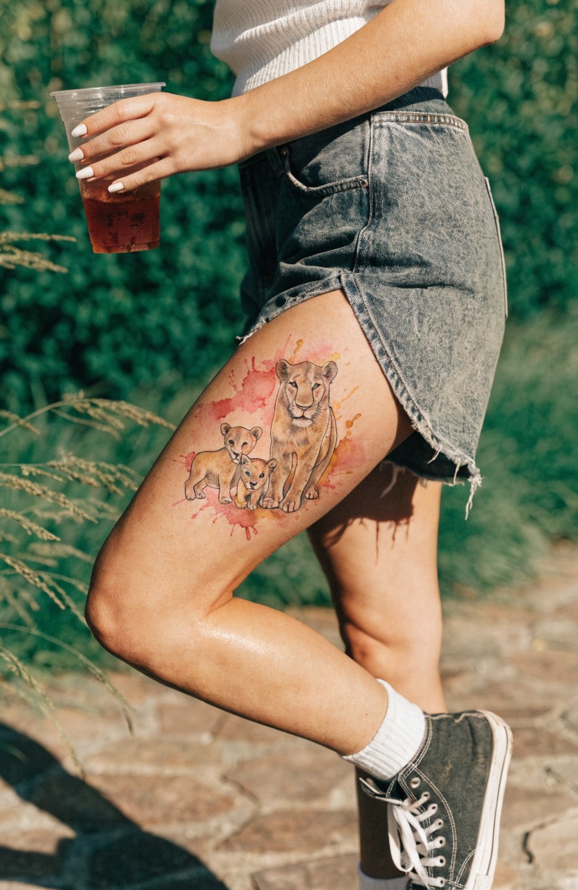 Closeup of a woman's thigh with a watercolor tattoo of a lioness and her cub in orange and pink tones with red splashes, wearing denim shorts and sneakers outdoors