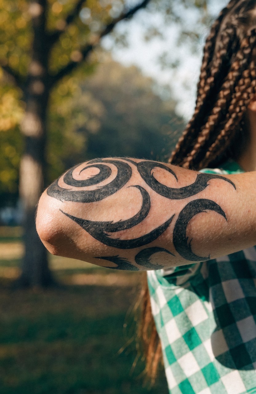 Black tribal swirl tattoo wrapping a woman's bent elbow on tanned skin