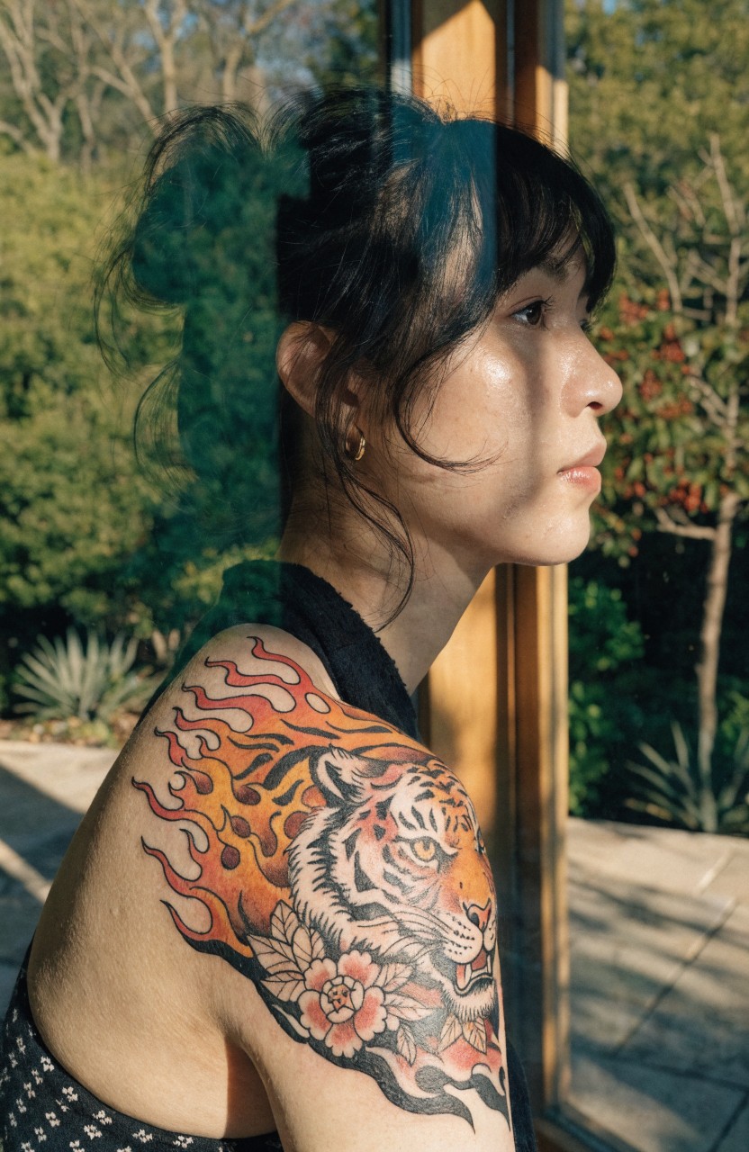 Woman's side profile with vibrant neo-traditional tiger tattoo on shoulder showing snarling face amid flames and pink flowers viewed through window